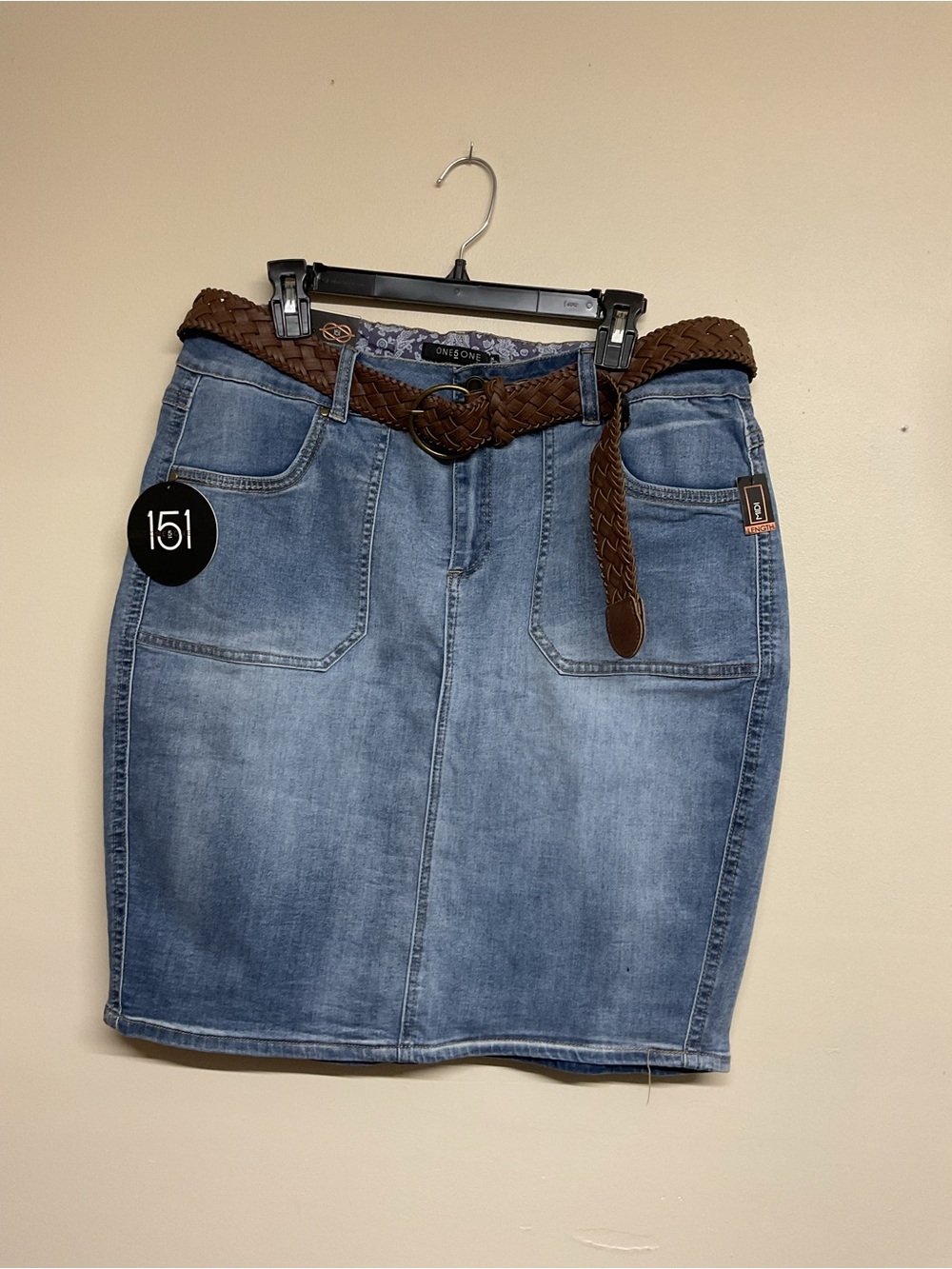 one 5 one Light Blue Denim Midi Skirt with Brown Braided Belt